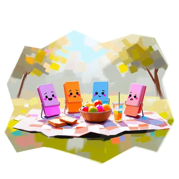 A family of colorful paper clips is enjoying a picnic on a checkered blanket spread over grass. Each paper clip has a distinct facial expression: one with a big smile, another looking surprised, a third one with a playful wink, and the last one appearing thoughtful. Around them, there are various picnic items such as a small basket filled with fruit, a few sandwiches, and a colorful drink. In the background, there are soft green trees providing shade, and the scene is filled with a sunny atmosphere.