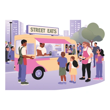 A family is serving meals from a vibrant food truck at a busy street corner. The food truck is painted in bright colors with "Street Eats" written in large, bold letters on the side. A father with dark skin and short curly hair is at the serving window, handing a plate of food to a customer. He is wearing a red apron over a white t-shirt. Next to him, a mother with medium skin and long black hair tied back is preparing ingredients on a stainless steel counter. She is wearing a green apron. Two children, a boy and a girl, are helping out; the boy has light skin and short brown hair, wearing a navy blue t-shirt and cargo shorts, while the girl has medium skin and braids, wearing a yellow dress. They are smiling and interacting with the customers. There is a diverse crowd of people of various ethnicities waiting in line, with the background featuring tall buildings and trees lining the street.