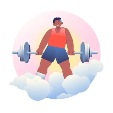 A person with short black hair is in the midst of a deadlift while floating above fluffy white clouds. They are wearing a bright red tank top and dark blue workout shorts. The barbell is metallic and gleaming, appearing heavy in their grasp. The sky is a soft gradient of pastel colors, transitioning from light pink to pale blue as it meets the horizon. Sunlight is illuminating the scene, casting soft shadows on the clouds below. The person's expression is focused and determined as they perform the lift in this surreal, airy environment.