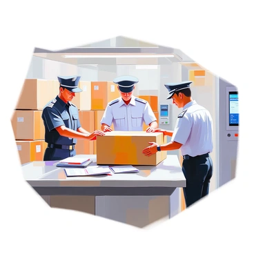 A group of officials in uniforms inspecting goods at an international customs checkpoint. The scene features two customs officers, one with a dark uniform and the other in a light uniform, carefully examining a large cardboard box on a metal table. Behind them, there is an array of shipping containers stacked neatly, and a scanning machine to the side. The customs area is well-lit, and various labels and documents are scattered on the table, adding to the atmosphere of a thorough inspection process.