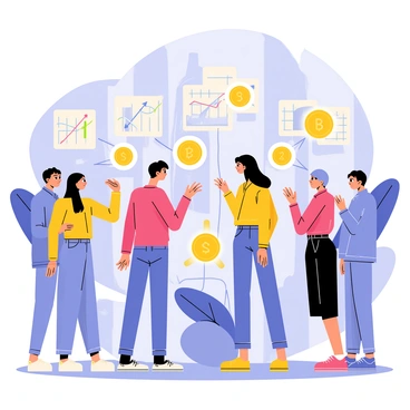 A futuristic scene depicting several people gathered in a sleek, modern environment. Each individual is interacting with a colorful, holographic screen displaying various digital currencies. Some screens show animated graphs with upward trends, while others feature floating coins. The people are dressed in stylish, contemporary clothing, and their expressions convey concentration and excitement. The setting includes smooth, metallic surfaces and ambient lighting, enhancing the high-tech atmosphere.