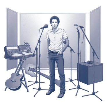 A man with distinct features, resembling "Bob Dylan," is captured in a recording studio setting. He stands in the center of the room, surrounded by multiple microphones arranged on stands, creating a dynamic atmosphere. Various sound equipment, including mixing consoles and audio interfaces, are positioned around him, highlighting the technology of music production. The man is focused, with a guitar resting against a nearby amplifier, suggesting a moment of creativity. The walls of the studio are lined with soundproofing panels, enhancing the immersive recording environment.