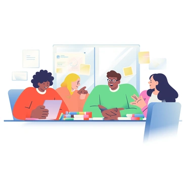 A group of four students with diverse ethnic backgrounds is gathered around a classroom desk, engaged in a discussion for their science project. One student with curly black hair is holding a notebook and pointing at a diagram, while another student with straight brown hair is taking notes on a tablet. A third student with glasses and short blonde hair is leaning forward, listening intently, and a fourth student with long dark hair is gesturing with her hands excitedly. The desk is cluttered with colorful markers, sticky notes, and books related to science. A window in the background lets in natural light, illuminating the space.