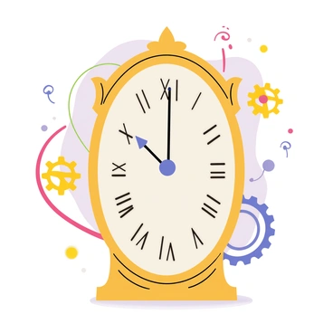 An antique clock with a wooden frame and ornate decorations is displayed prominently in the center. The clock face is white with faded Roman numerals, but one hand is missing, creating an intriguing focal point. Time is visually represented by swirling numbers and clock gears in vibrant colors, swirling around the clock in dynamic patterns. The background is softly blurred, allowing the clock and the swirling time to stand out clearly.