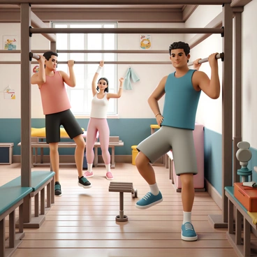A vintage-themed gym featuring several individuals engaging in pull-ups on old-fashioned wooden pull-up bars. The gym has a rustic wooden floor and is adorned with retro fitness posters on the walls. Two men, one wearing a red tank top and black shorts, and the other in a blue sleeveless shirt and gray sweatpants, are performing pull-ups, showing strong muscle definition. In the background, a woman in a white tank top and pink leggings stands nearby, stretching with a towel draped around her neck. Old-fashioned weights and training benches are scattered throughout the gym, enhancing the vintage atmosphere. Natural light filters through large windows, casting a warm glow on the scene.