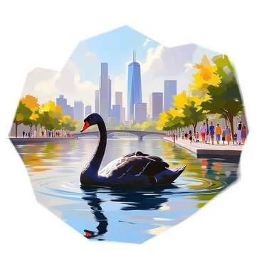 A black swan swimming in a river that runs through a bustling city