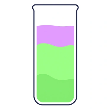 A clear glass container is filled with different colored liquids, creating distinct layers that highlight their varying densities. The bottom layer is a deep green liquid, followed by a vibrant purple layer above it. Resting on top of the purple liquid is a light green layer, which is then capped by a translucent purple liquid. Each layer is visibly separated, with sharp contrast between them, showcasing the smooth flow and stability of the liquids within the container. The entire scene is well-lit, emphasizing the clarity of the container and the rich colors of the liquids.