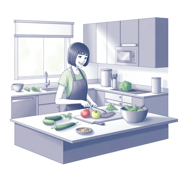 A kitchen featuring modern appliances and wooden cabinetry. A person is standing at a countertop, actively chopping vegetables with a knife. Fresh ingredients like bell peppers, zucchini, and herbs are artfully arranged around them. The individual has a smiling expression, reflecting joy as they prepare a gluten-free meal. Sunlight streams through a window, illuminating the workspace and highlighting the vibrant colors of the fresh produce. There is a mixing bowl nearby, filled with a colorful mixture, and utensils scattered around, indicating a lively cooking process.