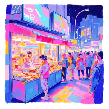 A bustling street market is illuminated at night with vibrant neon lights and glowing holograms projecting advertisements. Stalls line the sidewalk, made from a mix of metal and colorful fabric, displaying an array of goods including fruits, electronics, and handmade crafts. Diverse crowds of people move through the market, dressed in futuristic clothing with bright accents. A vendor stands behind a stall, serving food from a steaming pot while another person examines a gadget. Above, holographic displays swirl and flash, casting colorful reflections on the faces of the shoppers. The atmosphere is lively, filled with sounds of chatter and the sizzle of street food cooking.