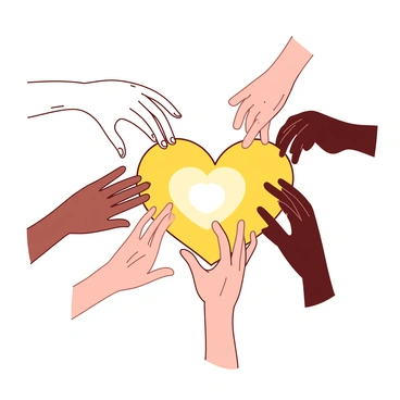 A group of hands in different skin tones and ages are extending towards a bright glowing heart. The hands are diverse, including small, youthful hands as well as larger, older hands, symbolizing unity and connection across generations. The heart itself radiates a warm light, casting soft reflections on the surfaces surrounding it. Each hand is reaching in a slightly different direction, creating a dynamic sense of movement as they pass the glowing heart among themselves.