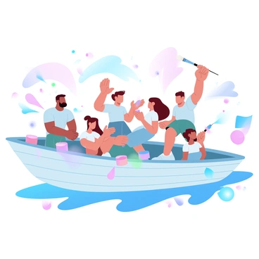 A family is joyfully participating in a paint splash party on a boat. The boat is vibrant, adorned with multiple colors creating a lively atmosphere. Various paint containers are scattered around the family, and splatters of paint are visible in the air. The family members are dressed in casual clothing suitable for a fun activity, with some of them holding paintbrushes and others throwing paint at each other. Colorful banners and confetti are decorating the boat, enhancing the festive look of the scene.