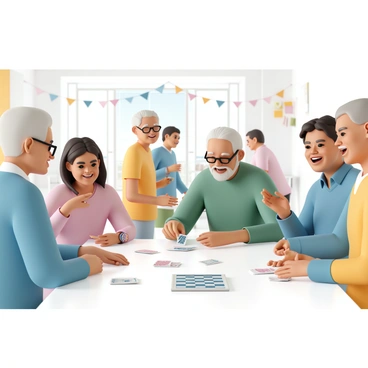 A group of seniors, both men and women, gathered in a bright, spacious community center. Some are sitting around a large table, playing cards with focused expressions, while others are standing nearby, laughing and chatting. One woman, wearing a blue sweater, leans over the table, pointing at a card, and smiling. Nearby, a man with glasses, dressed in a green shirt, is holding a game piece and gesturing animatedly. In the background, a couple is playing a game of checkers, with a checkerboard set on a small table. The atmosphere is lively, with colorful decorations hanging from the walls, and natural light streaming in through large windows.