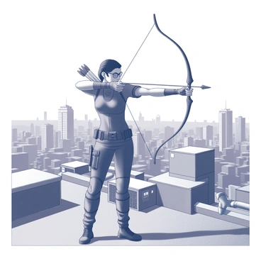 An urban archer practicing on a rooftop with a city skyline behind
