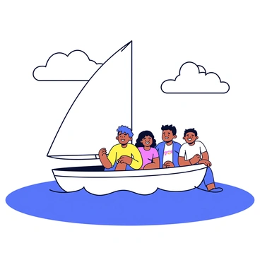 A sailing boat with a white sail is gliding over the blue ocean. On the boat, there are four friends sitting together, smiling and laughing. One friend is holding a pair of sunglasses, while another is leaning over the side, enjoying the breeze. The sky is clear with a few fluffy white clouds scattered above. The waves are gently lapping against the hull of the boat.