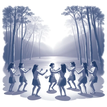 A clearing in a dense jungle, with tall trees surrounding the area. A group of individuals from a secretive tribe is gathered, each adorned in traditional attire made from natural materials like leaves and animal skins. Their faces are painted with intricate designs. They are performing a lively traditional dance, moving in synchronized patterns. Some individuals play musical instruments made of wood, while others clap their hands or chant. The Amazon River is visible in the background, its waters glistening in the light filtering through the foliage above. The atmosphere is filled with a sense of cultural richness and community.