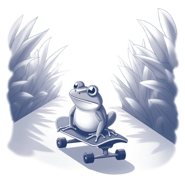 A small frog sitting on a skateboard, its legs positioned for balance. The frog has a wide mouth and large, expressive eyes. The skateboard has a simple design with wheels in motion. The path is lined with lush green leaves, creating a natural border on either side. Sunlight filters through the leaves above, casting soft shadows on the ground. The scene conveys a sense of playful adventure as the frog glides along the path.