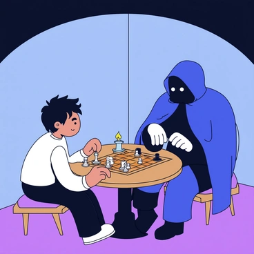 A character playing a game of chess with Death in a dimly lit room