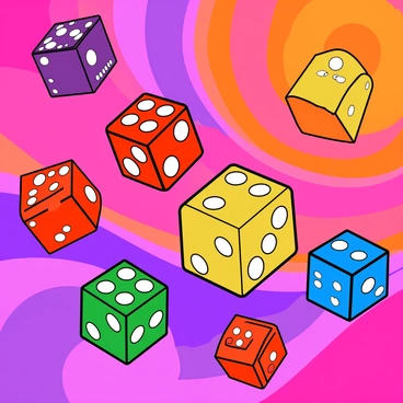 A collection of colorful dice in various sizes and shapes is scattered across the image. Each die has distinct numbers and faces, showcasing bright colors like red, blue, green, and yellow. The background features swirling patterns of vibrant colors, including shades of purple, pink, and orange, creating a dynamic atmosphere. The dice appear to be in mid-air, as if they are playfully floating above the colorful surface, adding a sense of motion to the scene. The overall composition is lively and engaging, with the dice creating a fun visual interaction with the vivid backdrop.
