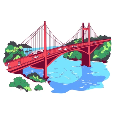 A red majestic bridge spans across the wide Congo River. The bridge is busy with various vehicles, including cars and trucks, traveling in both directions. Pedestrians are seen walking along designated pathways on the bridge, some stopping to take in the view of the flowing river below. The river reflects a vibrant blue sky, enhancing the scene's liveliness. The surrounding landscape features lush greenery, framing the bridge on either side.