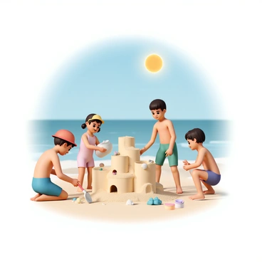 A group of four children, two boys and two girls, are building a sandcastle at the beach. The first boy, wearing blue swim trunks and a red sun hat, is kneeling in the sand, using a small plastic shovel to scoop sand. The second boy, wearing green swim shorts, is pouring sand from a bucket into the central tower of the sandcastle. One girl, wearing a pink swimsuit and a yellow visor, is decorating the sandcastle with seashells and small stones. The other girl, dressed in a purple swimsuit, is filling a bucket with water from a nearby wave, ready to moisten the sand. The sun is shining brightly in the clear blue sky, and the ocean waves are gently lapping against the shore in the background. The beach is sprinkled with colorful beach toys and towels.