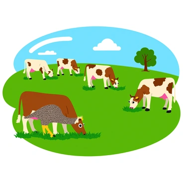 A guinea fowl with distinct spotted feathers stands near a group of brown and white cows grazing in a lush green pasture. The guinea fowl is pecking at the grass, while the cows, with their large, gentle eyes, are calmly munching on the vibrant blades of grass. The sun casts a warm light over the scene, highlighting the soft textures of the animals' fur and feathers. In the background, a few trees dot the landscape, their leaves rustling gently in the breeze. A blue sky stretches overhead, completing the peaceful rural atmosphere.