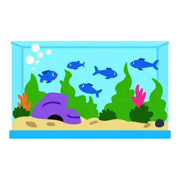 An aquarium exhibit featuring a variety of blue fish swimming amidst lush green aquatic plants. The fish have different shapes and sizes, including small, sleek ones and larger, rounder ones. Colorful corals in shades of pink and orange are visible in the background. Bubbles rise from a hidden air stone, creating a vibrant atmosphere. A few pebbles line the bottom of the aquarium, adding to the lively surroundings. Bright light filters through the water, illuminating the fish and plants beautifully.
