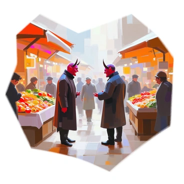 A bustling Victorian marketplace filled with various stalls and vendors. The scene features a devil with red skin, sharp horns, and a mischievous grin, standing close to a shopkeeper who appears intrigued yet cautious. The devil is dressed in a stylish dark coat that contrasts with the vibrant fabrics of the marketplace. Surrounding them are colorful displays of fruits, vegetables, and handmade goods. People in period clothing move about, some pausing to watch the interaction between the devil and the shopkeeper. The atmosphere is lively, with the sounds of chatter and the clinking of coins in the air.
