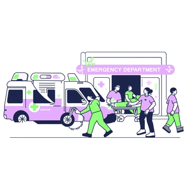 An emergency entrance is busy with activity. Several ambulances with open doors are parked closely together, displaying medical symbols on their sides. Paramedics in uniforms rush around, carrying medical equipment and assisting patients on stretchers. One paramedic is seen directing a team as they wheel a patient into the entrance. A crowd of medical staff is gathered near a large sign that reads "Emergency Department." There are bright lights illuminating the area, creating a sense of urgency as they move swiftly in different directions.