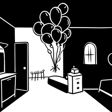 A cluster of black balloons is floating near the ceiling of a dimly lit room. The room is sparsely furnished, with shadows cast by the faint light that filters in from a single window. The walls have a textured surface, and the floor is bare, creating an atmosphere of emptiness. The balloons appear slightly deflated, swaying gently as if influenced by an unseen draft. The overall scene conveys a sense of foreboding and mystery.