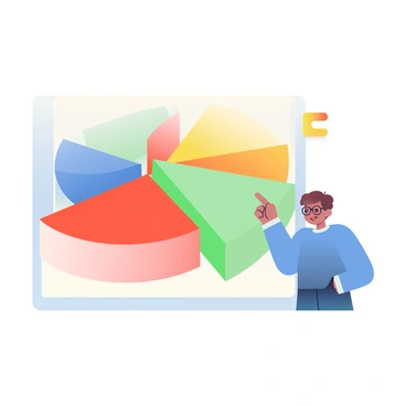 A pie chart is displayed in the center, divided into five unequal segments with varying colors. The smallest piece is a bright yellow segment, visually contrasted against larger segments of blue, red, green, and orange. Next to the pie chart stands a character with short brown hair, wearing glasses, and a blue shirt. The character is pointing with a cheerful expression at the yellow segment, emphasizing its small size. The background is a simple, soft gradient that does not distract from the chart and character.
