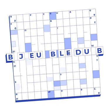 A crossword puzzle grid is displayed prominently, with a clear arrangement of white and black squares. The word "Double" is placed horizontally, stretching across a row of squares, each letter fitting neatly within its designated space. Intersecting with it, the word "Jeopardy" runs vertically, with each letter aligned perfectly to meet the corresponding letter of "Double." The overall grid structure includes numbered clues in each corner of the black squares, indicating the position of words. The design features a thin border around the grid, adding definition to the puzzle layout.