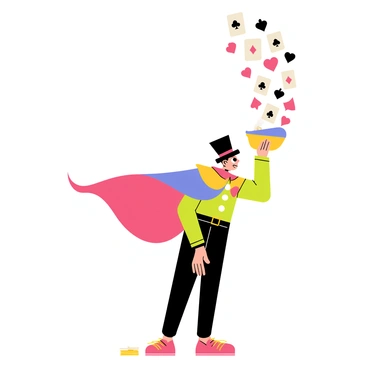 A magician wearing a colorful cape and a tall hat stands in a dynamic pose. The magician's right hand is raised, pulling an endless stream of playing cards that cascade dramatically into the air. The hat appears to be empty, enhancing the magical effect. Various cards, including hearts, spades, diamonds, and clubs, are vividly illustrated and floating around. The magician has a playful expression, capturing the whimsy of the scene. The ground is decorated with a few scattered cards, emphasizing the spectacle of the card trick.