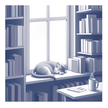 A quaint bookstore with wooden shelves filled with books of various sizes and bindings. The shelves are arranged in a cozy manner, inviting exploration. Sunlight streams through a large window, highlighting the dust particles floating in the air. A cat, curled up comfortably, is sleeping on the windowsill, its fur blending with the warm ambiance of the scene. A small table with a steaming mug and a few scattered bookmarks is placed nearby, adding to the inviting atmosphere of the bookstore.
