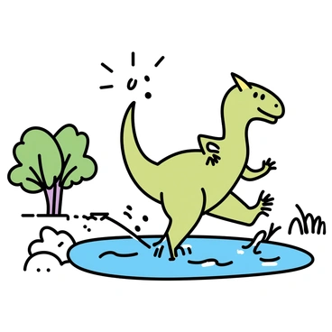 An iguanodon, with green skin and a distinctive thumb spike, is playfully splashing in a muddy waterhole. Surrounding the waterhole, there are patches of dry earth and tufts of grass. The sun is shining brightly overhead, creating shimmering reflections on the surface of the muddy water. The iguanodon is kicking up droplets of water with its feet, and mud is spraying in the air around it. Trees with broad leaves are visible in the background, adding a touch of greenery to the scene. The overall atmosphere conveys a sense of playful energy on a hot day.