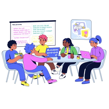 A group of four kids sitting around a large table, focused on a coding project. Each child has a laptop open in front of them, displaying vibrant screens filled with colorful lines of code in various programming languages. One child is pointing at the screen of another, while another child is typing intently. The room is filled with bright colors, and there are posters of technology and coding concepts on the walls. There are snacks and drinks scattered across the table, adding to the lively atmosphere.