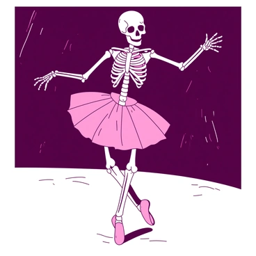 A white skeleton wearing a pink tutu is gracefully performing ballet moves on a stage. The skeleton's bony arms are extended elegantly, and its legs are poised in an arabesque position. The stage is illuminated with soft lighting, and there are subtle hints of a dark backdrop. The audience can be seen in the shadows, captivated by the unique performance of the dancing skeleton.