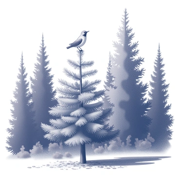 A dense forest filled with tall pine trees. One pine tree stands prominently in the center, reaching towards the sky. A mockingbird is perched on a high branch of the pine tree, with its head slightly tilted as if listening to its surroundings. The ground is covered with a layer of fallen pine needles and scattered bits of foliage. Sunlight filters through the tree canopy, casting dappled shadows on the forest floor. The atmosphere conveys a sense of natural tranquility.