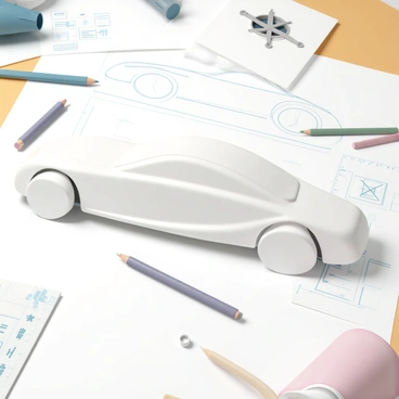 A 3D car outline displayed prominently on a blueprint table. The outline is sleek and modern, showcasing smooth curves and sharp angles. Scattered around the table are various design tools including a ruler, a compass, and colored pencils. There are also sheets of paper with sketches and notes beside the blueprint. The background features a softly lit workspace, enhancing the focus on the car outline and the tools.