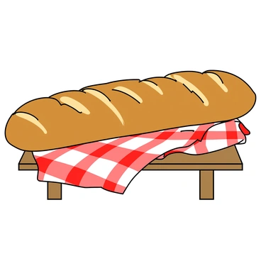 A classic French baguette resting on a red and white checkered cloth