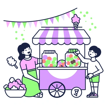 A sweet treats cart offering an array of candies and chocolates in a carnival setting