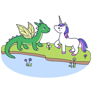 A dragon with emerald scales and large, intricately patterned wings stands at the edge of a riverbank. Its eyes are sharp and curious as it gazes at a unicorn. The unicorn has a shimmering white coat and a long spiraled horn that glows faintly. The two creatures are positioned closely, their expressions indicating a sense of wonder and curiosity. The river is calm, reflecting the vibrant greenery of the surrounding trees and plants. Delicate flowers in various colors dot the landscape, adding more life to the scene.