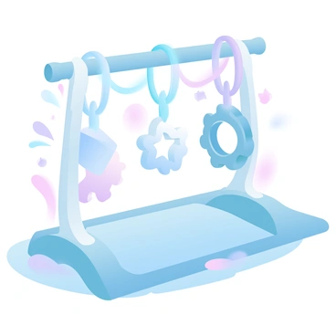 A colorful baby gym is set up on a soft, padded mat. The gym features a variety of hanging toys, including a plush animal and a geometric shape, each attached by vibrant ribbons. Several large buttons are integrated into the gym's design, prominently placed for easy access. When pressed, these buttons illuminate with gentle light and emit cheerful sounds. The overall scene is filled with pastel colors, creating a playful and engaging environment for infants.