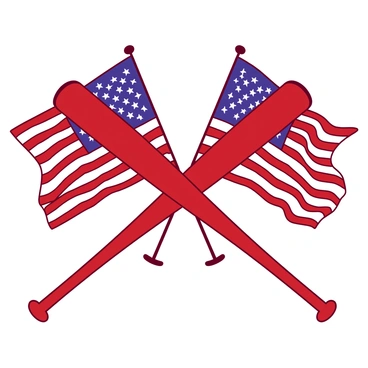 Two red baseball bats are crossed in an "X" shape, positioned in front of two white Americana flags. The flags are displayed prominently, with their stars and stripes clearly visible, fluttering slightly as if in a gentle breeze. The bats are placed at an angle, creating a dynamic composition, while the flags serve as a vibrant backdrop, enhancing the overall sense of patriotism in the image.