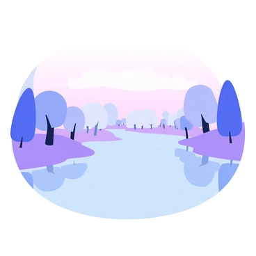 A tranquil river with calm water reflecting soft colors. There is a layer of mist floating above the surface, creating a delicate veil. The dawn light casts a gentle glow on the scene, enhancing the peaceful atmosphere. Trees are lined along the riverbanks, their silhouettes slightly blurred by the mist.