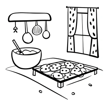A kitchen scene featuring a wooden countertop with a cooling rack. On the cooling rack, there are several freshly baked chocolate chip cookies, with chocolate chips visibly melted on their surfaces. Beside the rack, there is a mixing bowl filled with dough and a wooden spoon resting inside it. In the background, there are kitchen utensils hanging on a wall and a window with patterned curtains letting in light. A few scattered chocolate chips are on the counter near the mixing bowl.