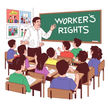 Cesar Chavez, a Latino man with dark hair and dressed in a white shirt, is standing at the front of a classroom filled with eager young students. The classroom has colorful posters about workers' rights on the walls. Chavez is gesturing with enthusiasm as he explains important concepts, engaging the students with a warm smile. The students, a diverse group of boys and girls, are seated at wooden desks, attentively listening and taking notes. Some students have raised their hands, eager to ask questions. A chalkboard behind Chavez displays the words "Workers' Rights" in bold letters, surrounded by drawings representing unity and justice.