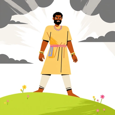 Gabbar Singh is standing confidently atop a lush green hill, wearing traditional attire. His expression is fierce, with a slight smile suggesting cunning. The rays of sunlight are breaking through the gray clouds, casting dynamic light patterns around him. The sky is a mix of dark and light, with hints of blue peeking through the clouds. The hill is dotted with small wildflowers, adding vibrant splashes of color to the scene.