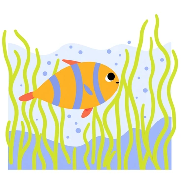 A colorful angelfish with vibrant orange and blue stripes is darting through a dense maze of green seaweed. The seaweed sways gently in the water, creating a dynamic underwater landscape. Around the angelfish, numerous small bubbles rise to the surface, adding a sense of movement. The light filters through the water, creating shimmering patterns on the ocean floor.