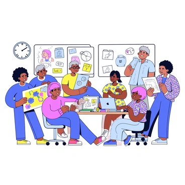 A group of six artists of diverse backgrounds working in a bright studio space. One artist, a woman with curly black hair, is focused on painting a large canvas filled with vibrant colors. Another artist, a man with glasses and a beard, is sketching ideas in a notebook at a desk cluttered with art supplies. A third artist, a young woman with short pink hair, is busy arranging digital designs on a laptop with various tabs open on the screen. A fourth artist, an older man with gray hair, is sculpting a figure from clay on a nearby table. The fifth artist, a woman in a colorful patterned dress, is stringing beads together for a mixed media project. The last artist, a tall man with long hair, is brainstorming on a whiteboard covered in notes and drawings. The studio is lively with creativity and determination, and a clock on the wall shows the time ticking down to the submission deadline.