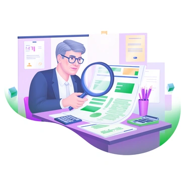 A modern pastel illustration featuring an auditor closely examining payroll records with a magnifying glass. The auditor is depicted as a middle-aged individual wearing glasses and a smart-casual outfit. The payroll records are spread out on a wooden desk, displaying various charts and numbers. Surrounding the desk are office supplies such as a calculator, a notepad, and a cup filled with pens. The background includes a soft pastel-colored wall with a framed certificate hanging.